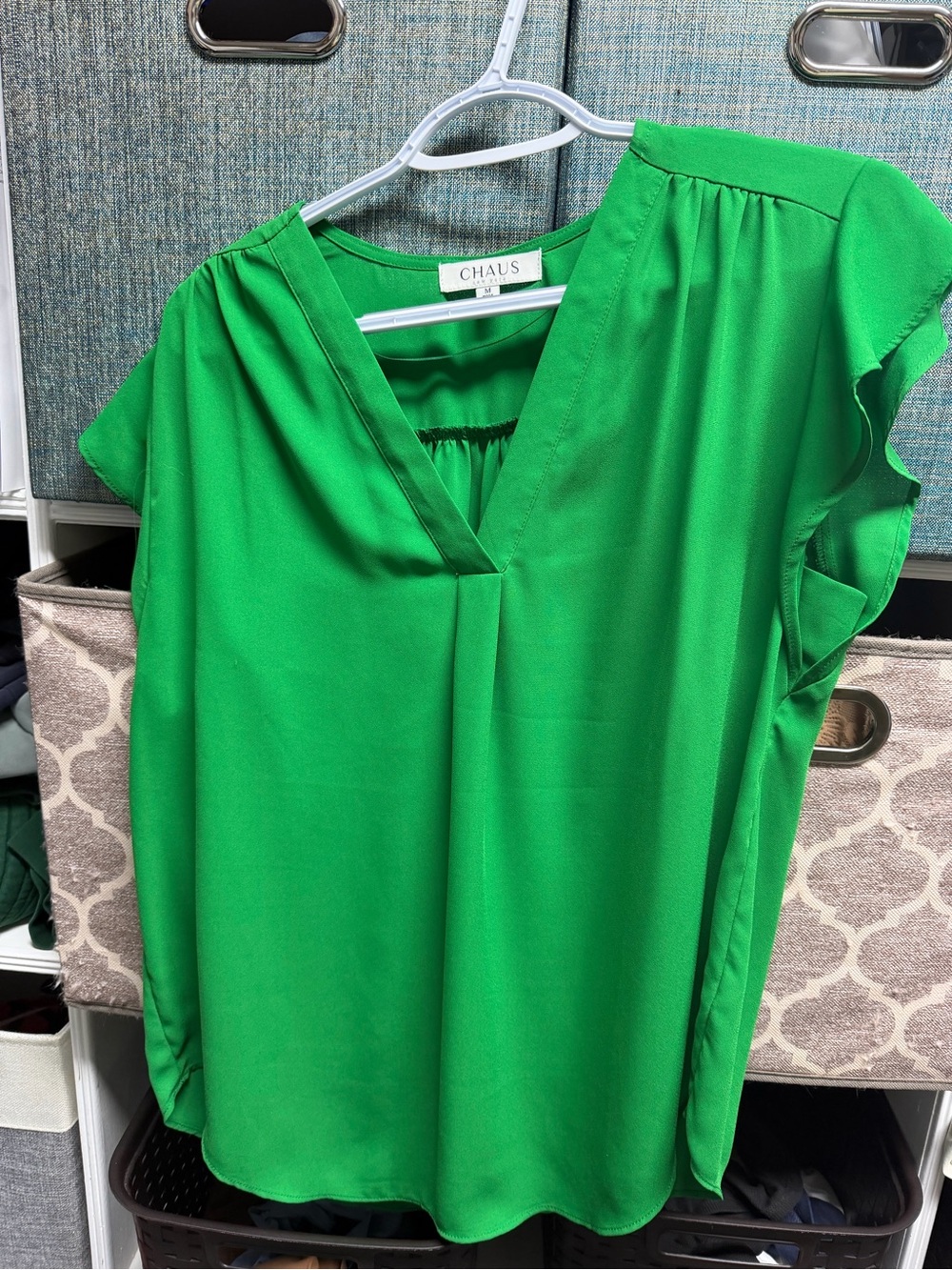 Chaus Bright Green V-Neck Flutter Sleeve Blouse